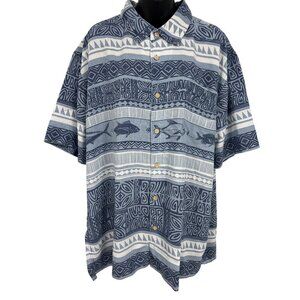 Quiksilver Waterman XXL Button-Up Shirt Blue Fish Short Sleeve Aloha Hawaiian